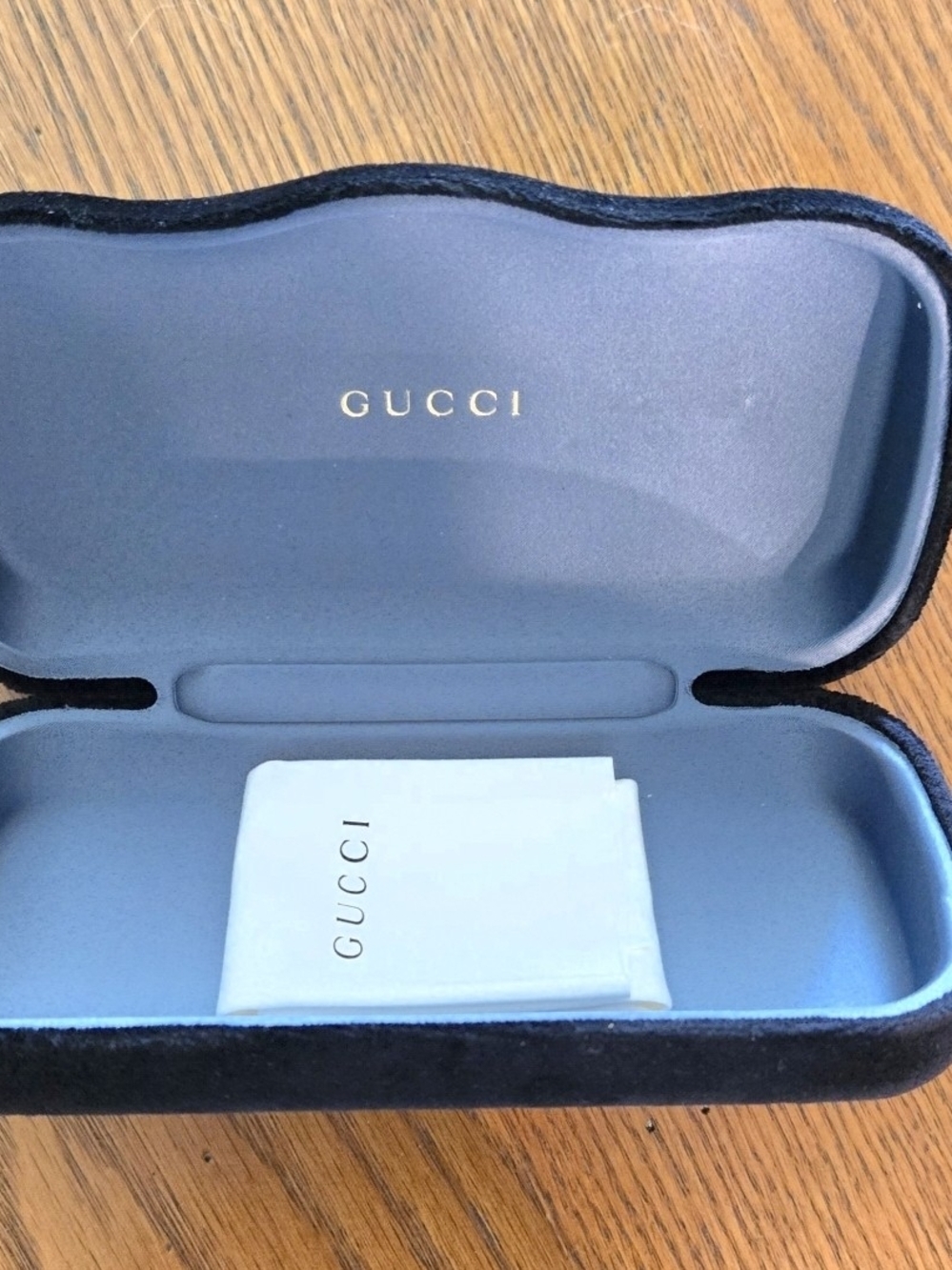 Gucci Black Velvet Eyewear Case with Light Blue Interior and Branded Cloth